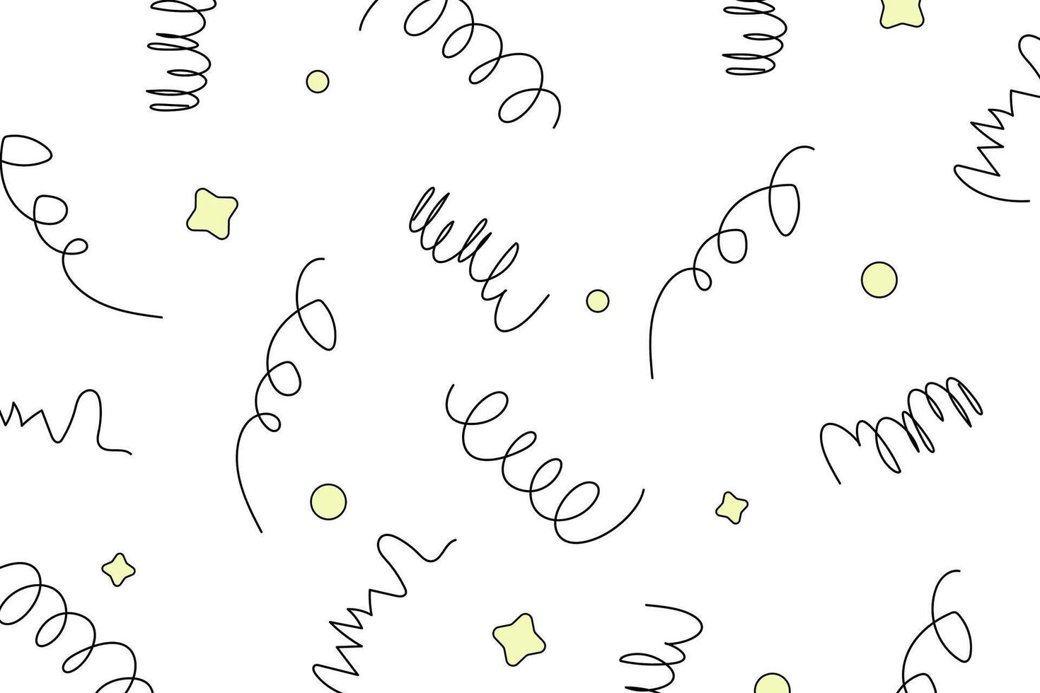 Black and white doodle background with yellow stars and circles. Abstract repeated background with spiral hand-drawn elements. Trendy idea for textile, wrapping or wallpaper design. vector