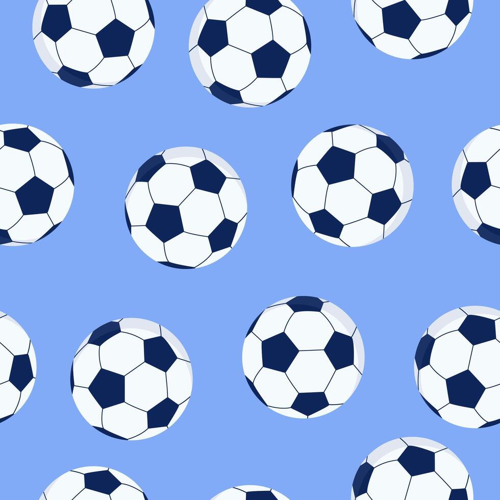Soccer ball seamless pattern. Football background. Sport theme in flat cartoon style on blue background. vector
