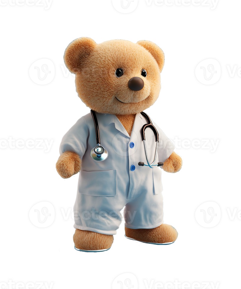 A cartoon teddy bear standing in a doctor's dress png