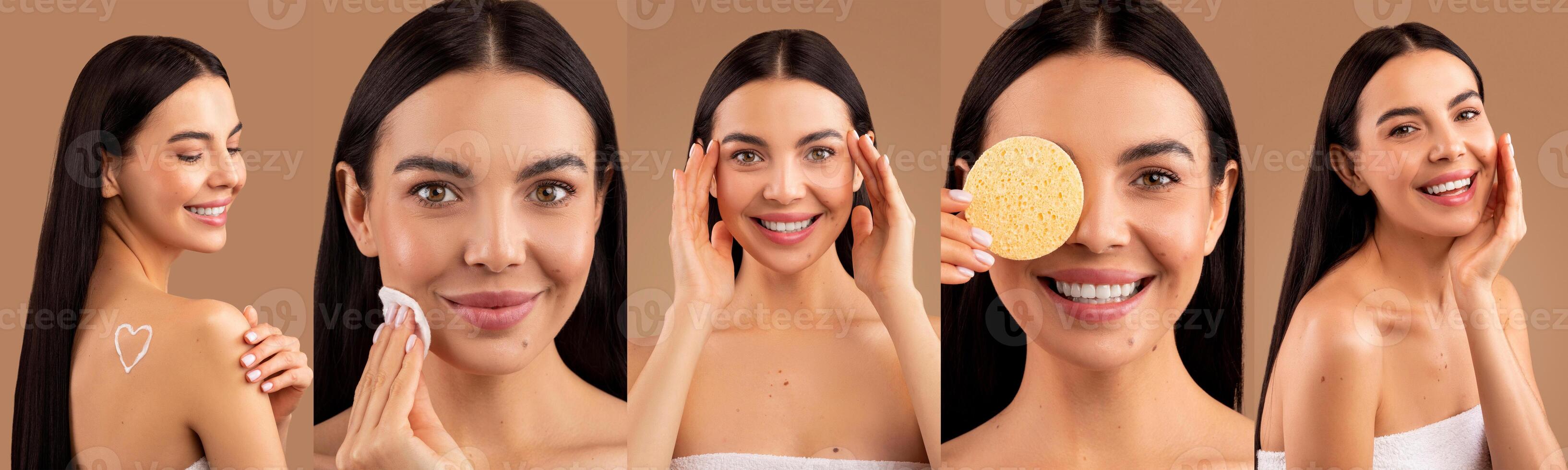 Collage of a beautiful brunette woman in various poses against a brown background, showcasing natural beauty and skincare. photo