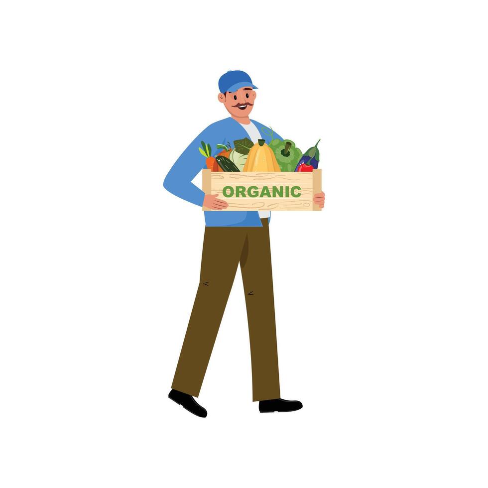 Smiling worker in blue cap carrying a crate of farm vegetables including pumpkins, carrots and tomatoes vector