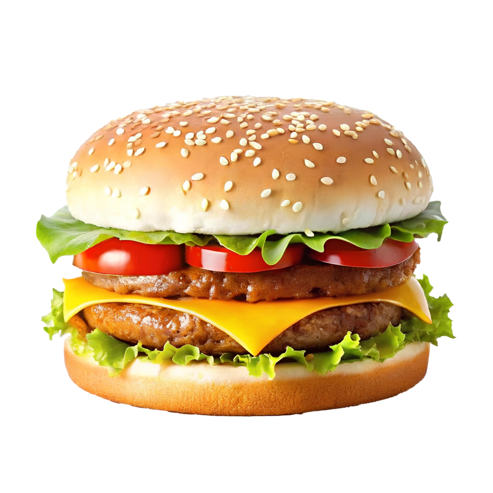 A hamburger with a cheeseburger and tomato on it png