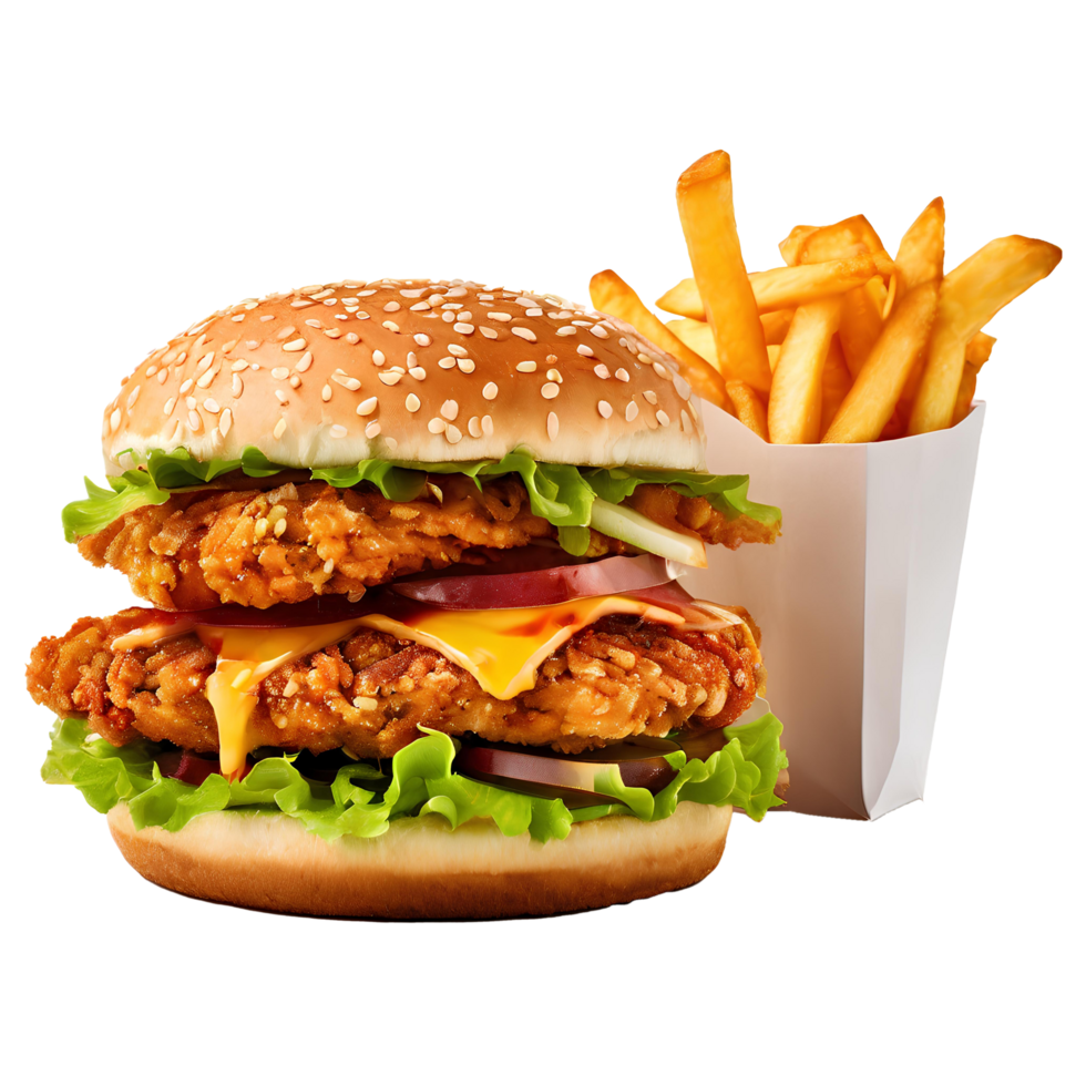 Cheese burger - American cheese burger with Golden French fries on wooden board, The fresh and delicious cheesy double hamburger with fries on a table in the restaurant png
