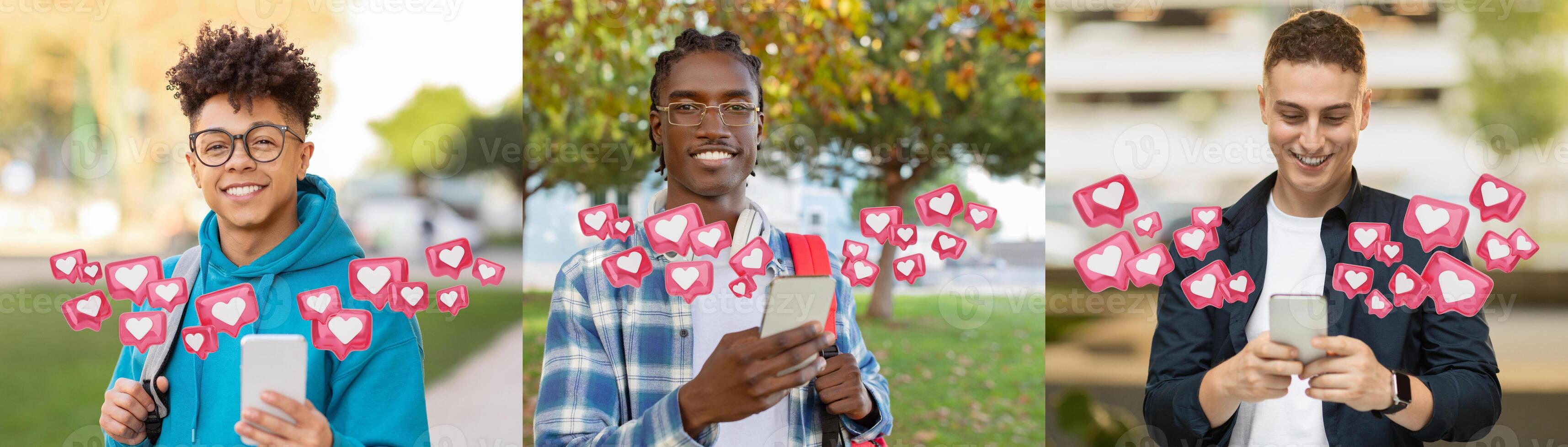 Three young multiethnic guy all smiling and looking at their smartphones. They are standing in different urban settings. Animated heart icons are floating around them photo