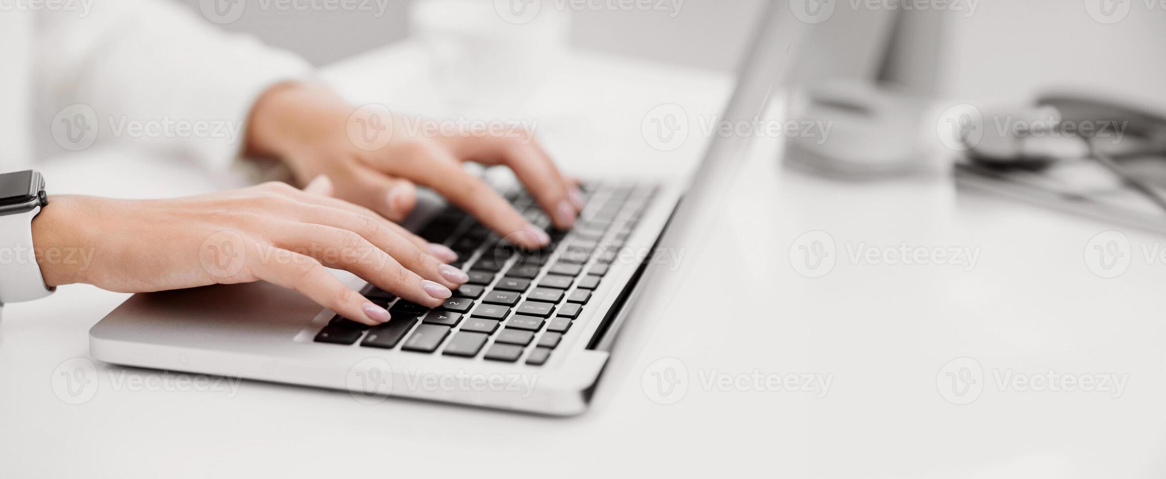 Writing Blog. Unrecognizable woman working on laptop, searching information. Selective focus, copyspace photo