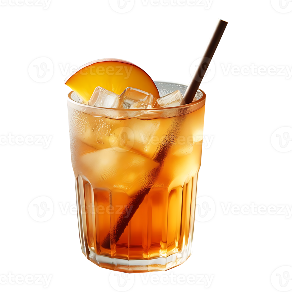 A glass of iced tea with a straw and a peach slice png
