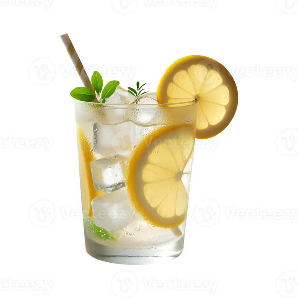 A glass of lemonade with ice and a slice of lemon png