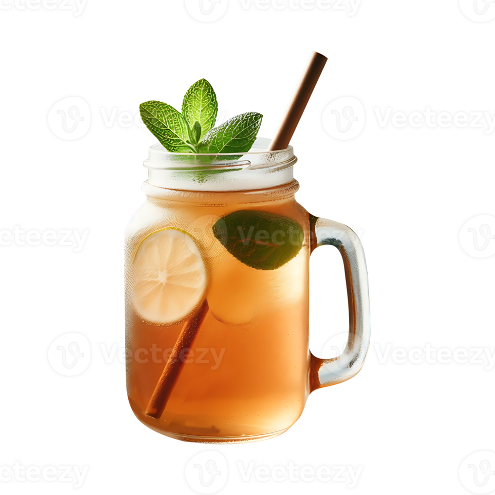 A glass jar with a straw and a slice of lemon png
