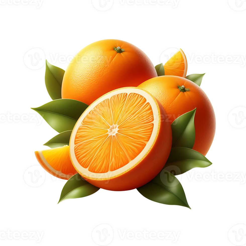Orange fruit with leaves and slices on a transparent background png