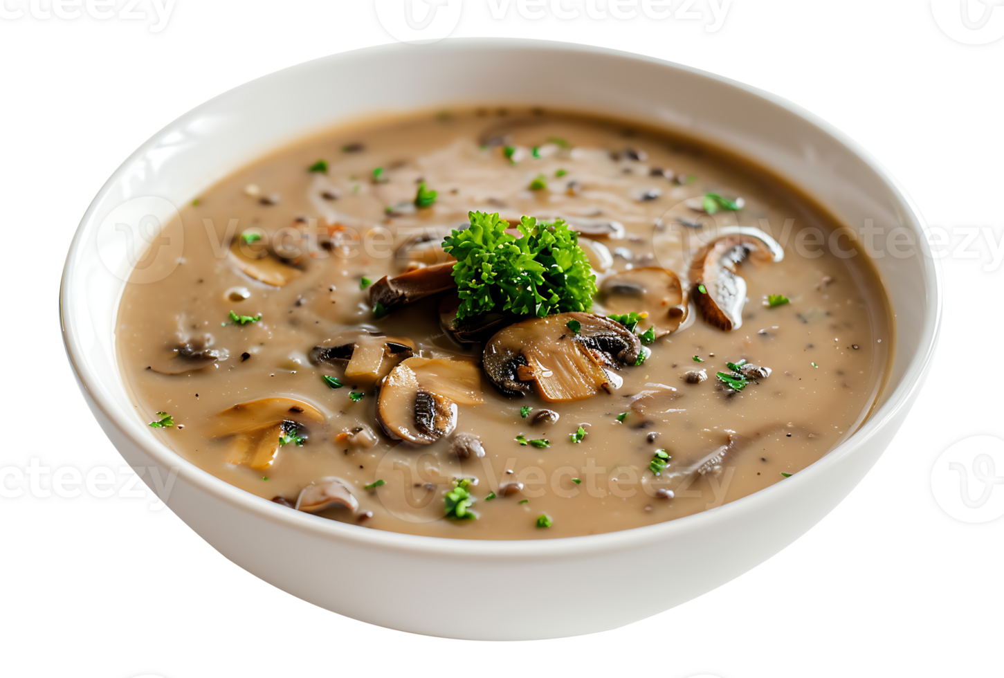 A bowl of mushroom soup with a garnish of parsley png