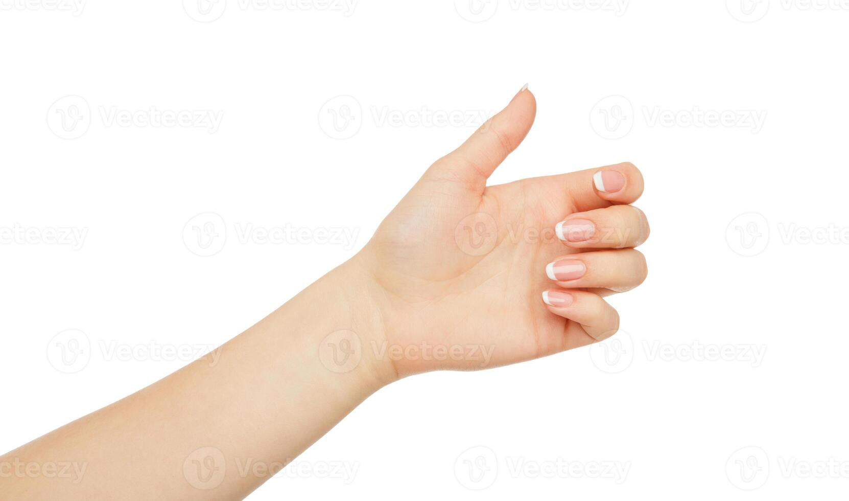 Female hand holding card, phone or other, close-up, cutout, isolated on white background. photo