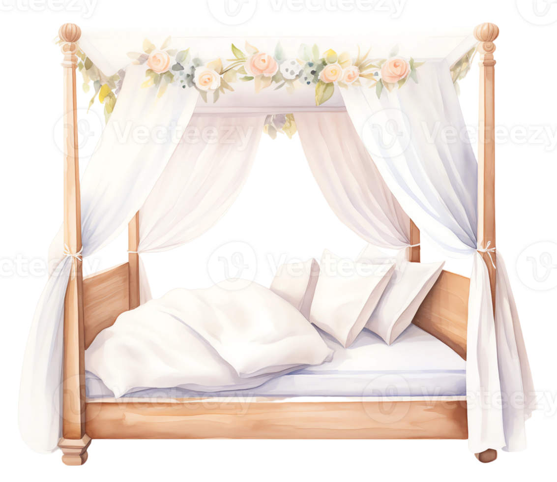 Watercolor illustration of a four-poster bed with white curtains and pastel flowers on the headboard png