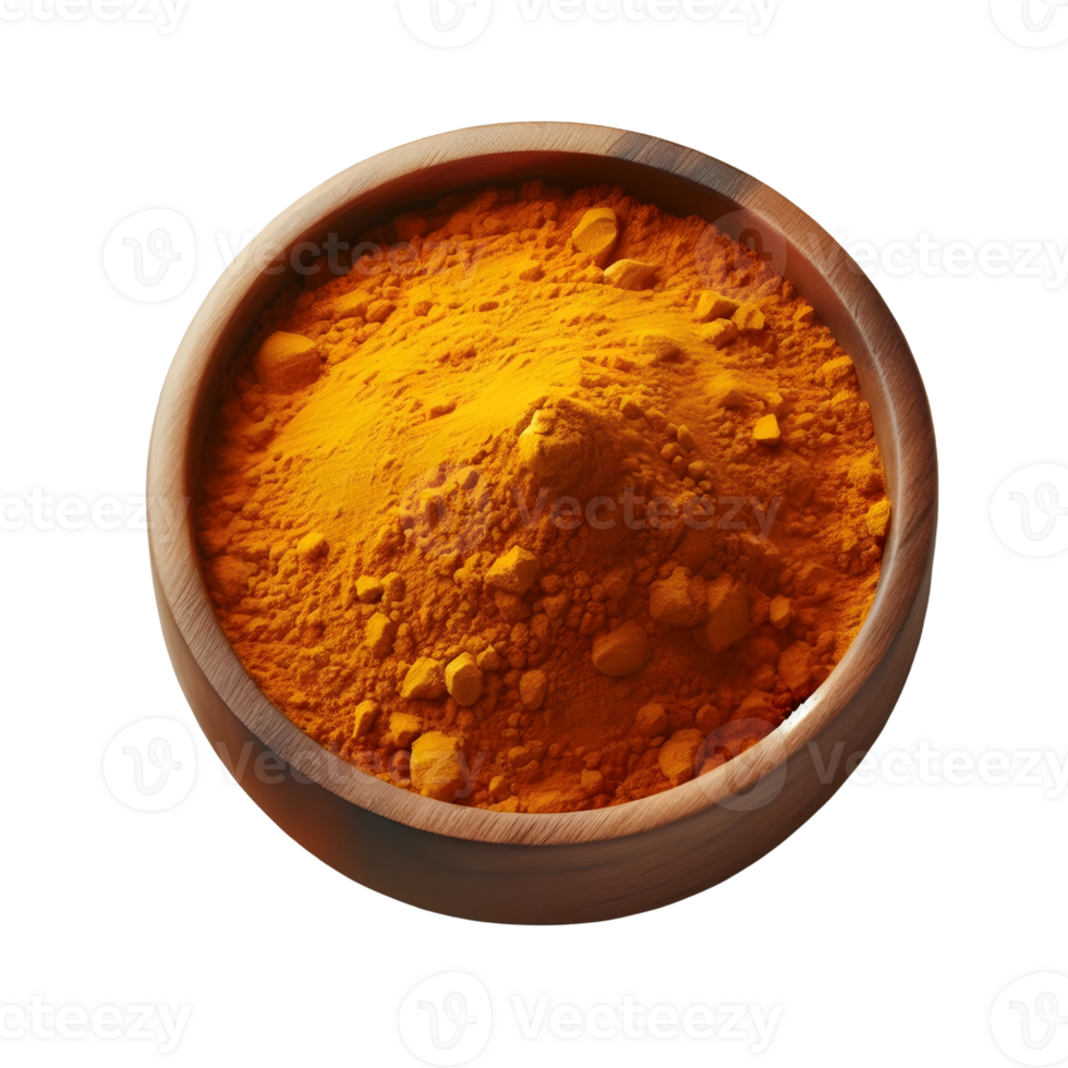 Turmeric powder in wooden bowl on transparent background png