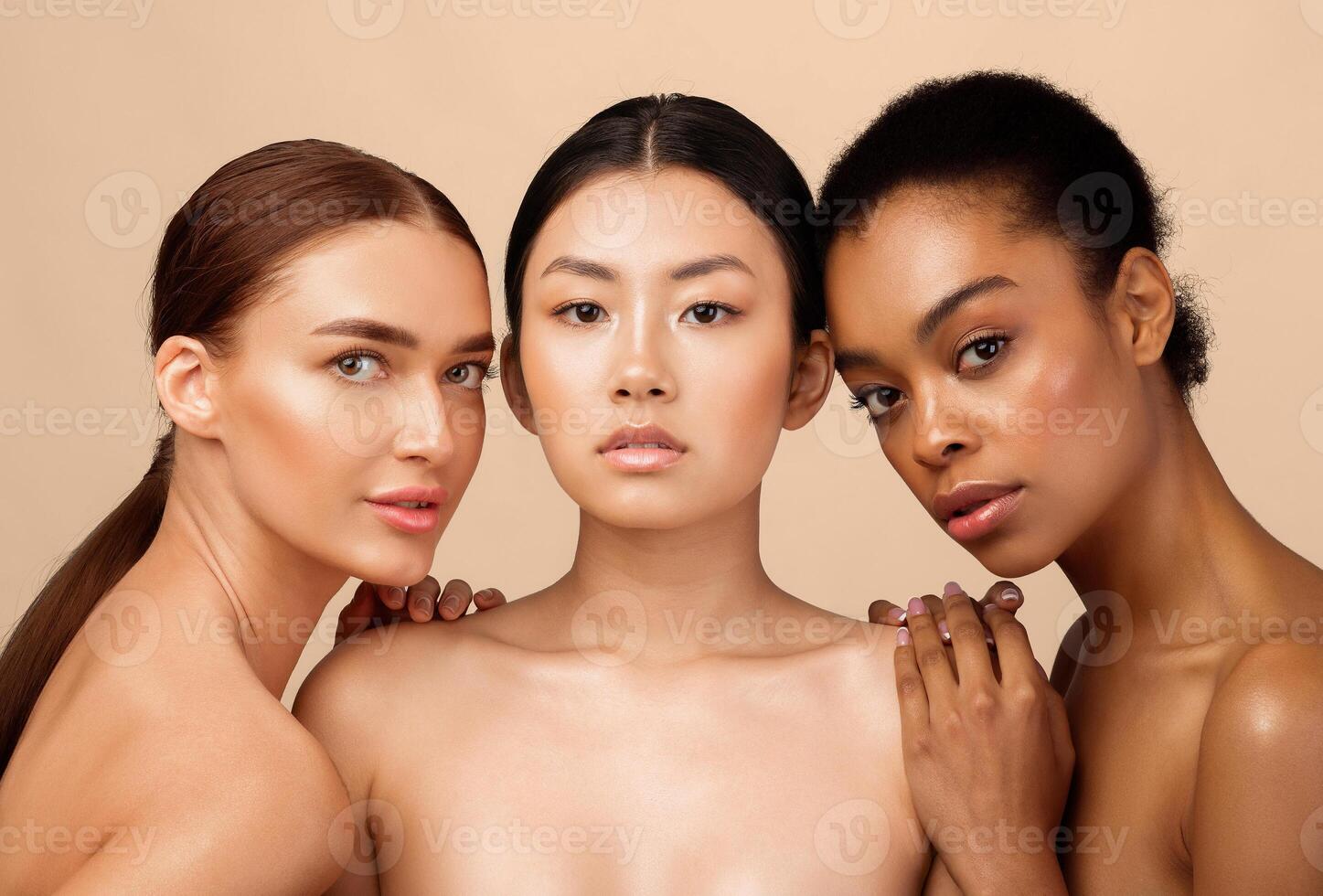 Asian, African And Caucasian Models Girls Posing Shirtless Standing Over Gray Background. Studio Shot. Diverse Beauty photo
