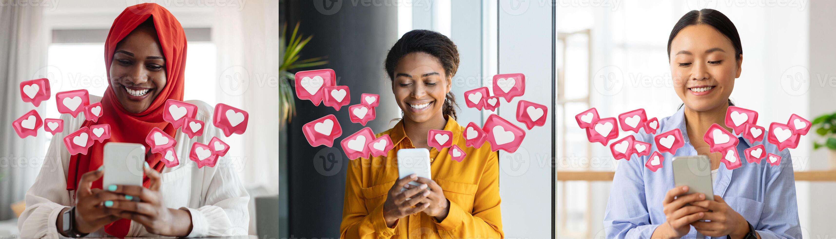 Three multiethnic women sitting in separate rooms, each looking at smartphone with a happy expression. Above them, various pink hearts are floating, representing likes or social media notifications. photo