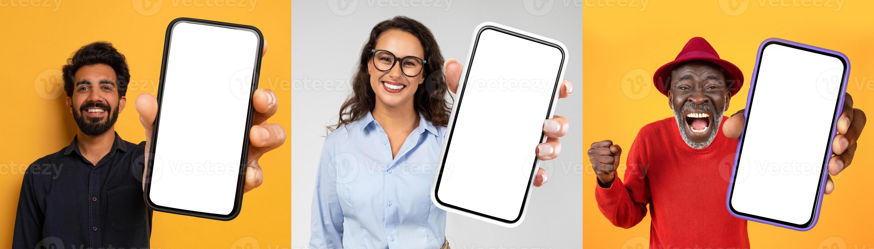 A diverse group of individuals standing together, each holding up a modern smartphone with a blank screen. The background is a vibrant shade of yellow, making the devices and people stand out. photo