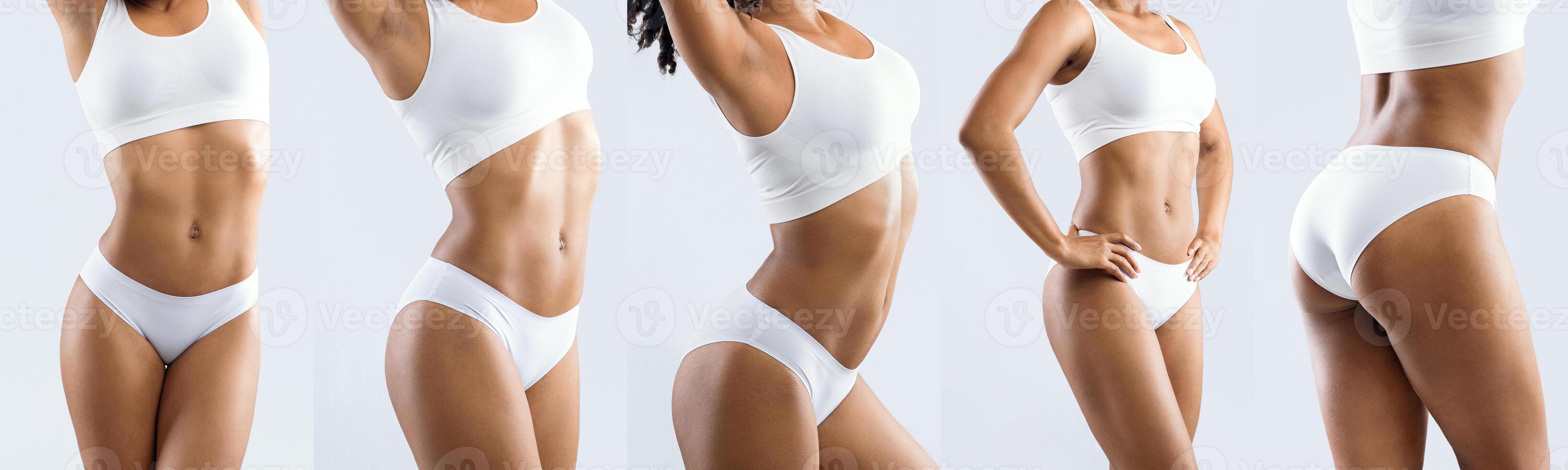 This image features black woman in white underwear and a sports bra, showcasing her fit physique. She is posing in various angles, highlighting her toned muscles and sculpted body, cropped photo
