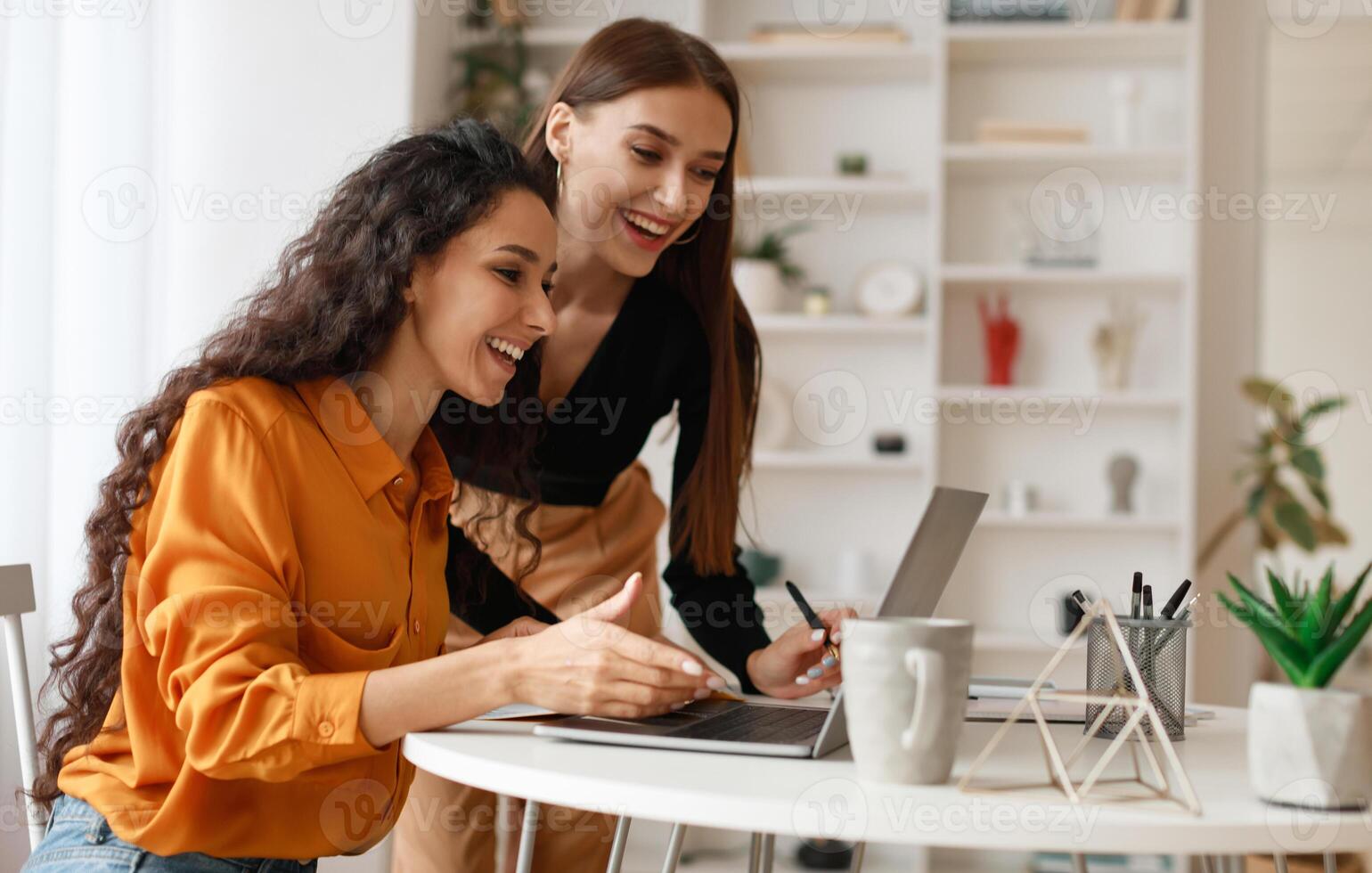 Two Happy Ladies Using Laptop Computer Working And Learning Online Together Or Making Call Sitting At Desk In Modern Office. E-Learning. Females Entrepreneurship Career Concept. Side View photo