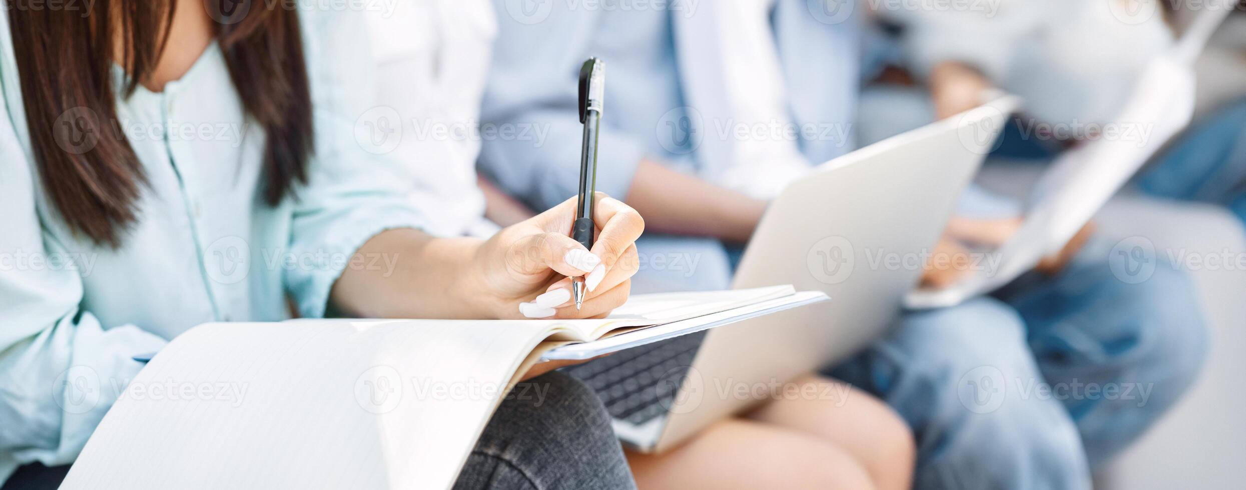 Unrecognizable Student Girl Preparring For Classes, Writing In Workbook, Taking Notes, Cropped Image, Closeup photo