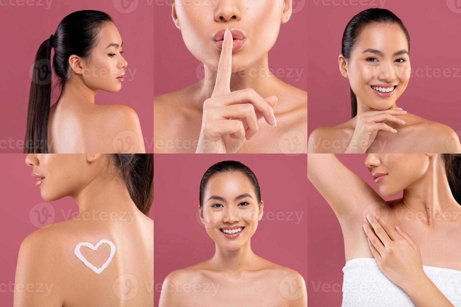 This image features a young Asian woman with smooth skin in a collage against a pink background. The woman is shown posing in various ways, including with her finger to her lips, smiling photo