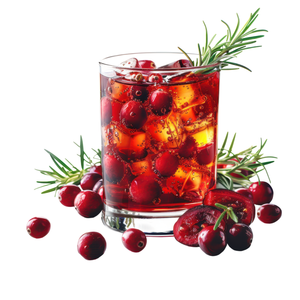 Fresh cranberry and rosemary with ice cube in clear glass object clip art and element png