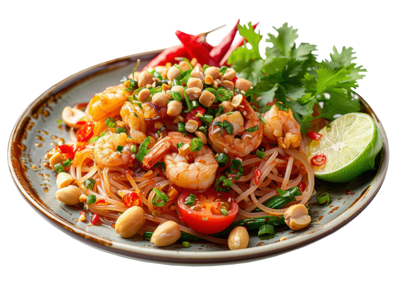 Fried noodle Thai style and prawns with ingredients in dish. Food clip art and element png