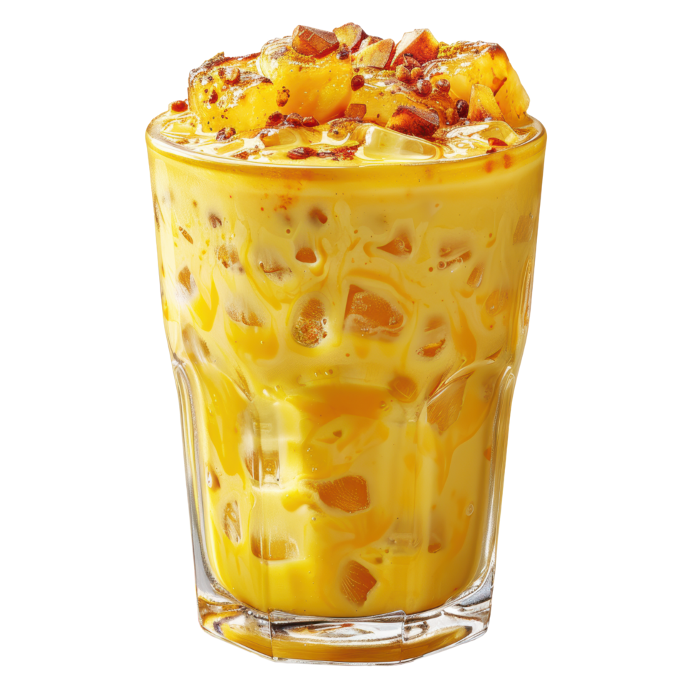Fresh mango or corn juice with ice cube in plastic glass object clip art and element png