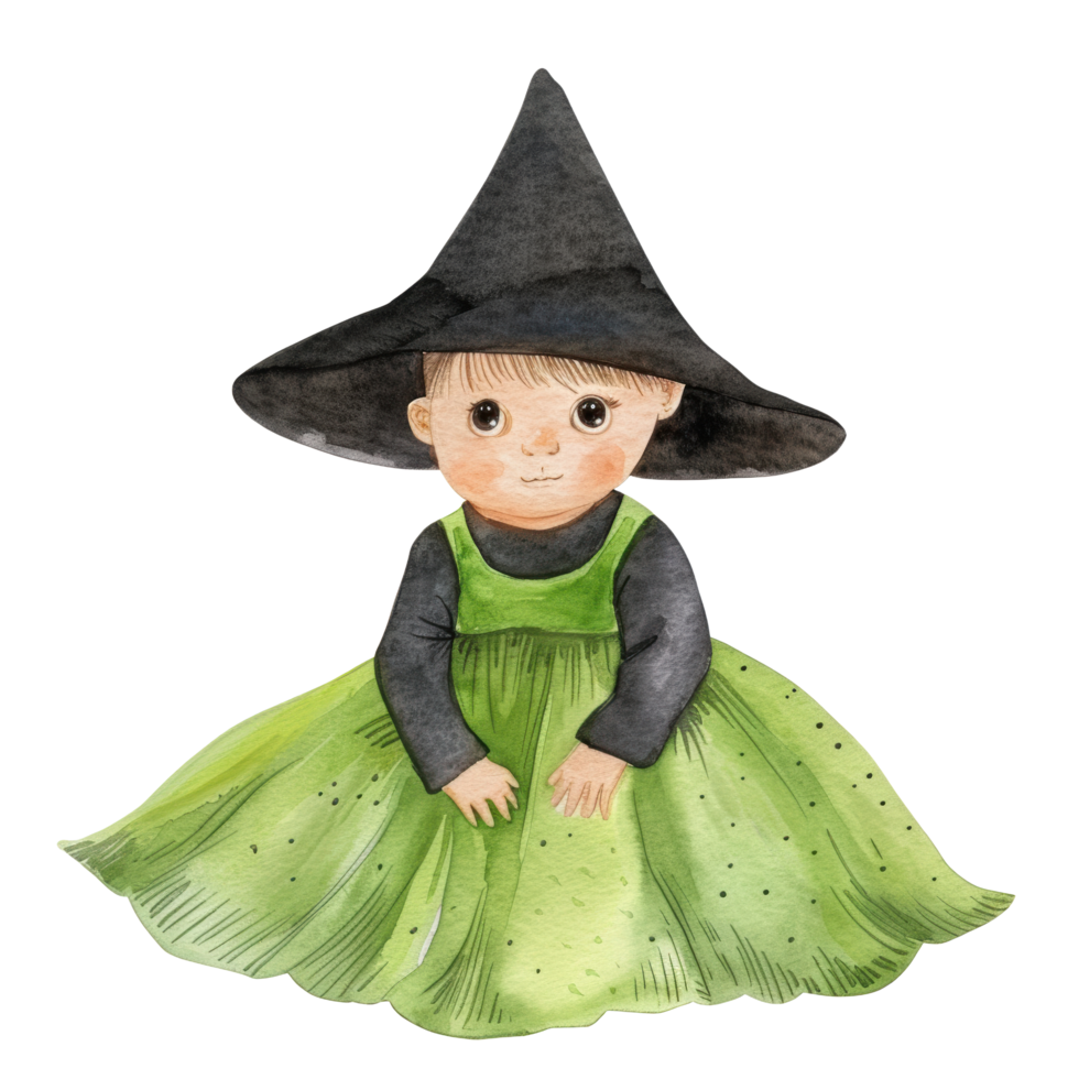 Watercolor cute baby witch wearing green dress illustration. Halloween holiday clip art and element png