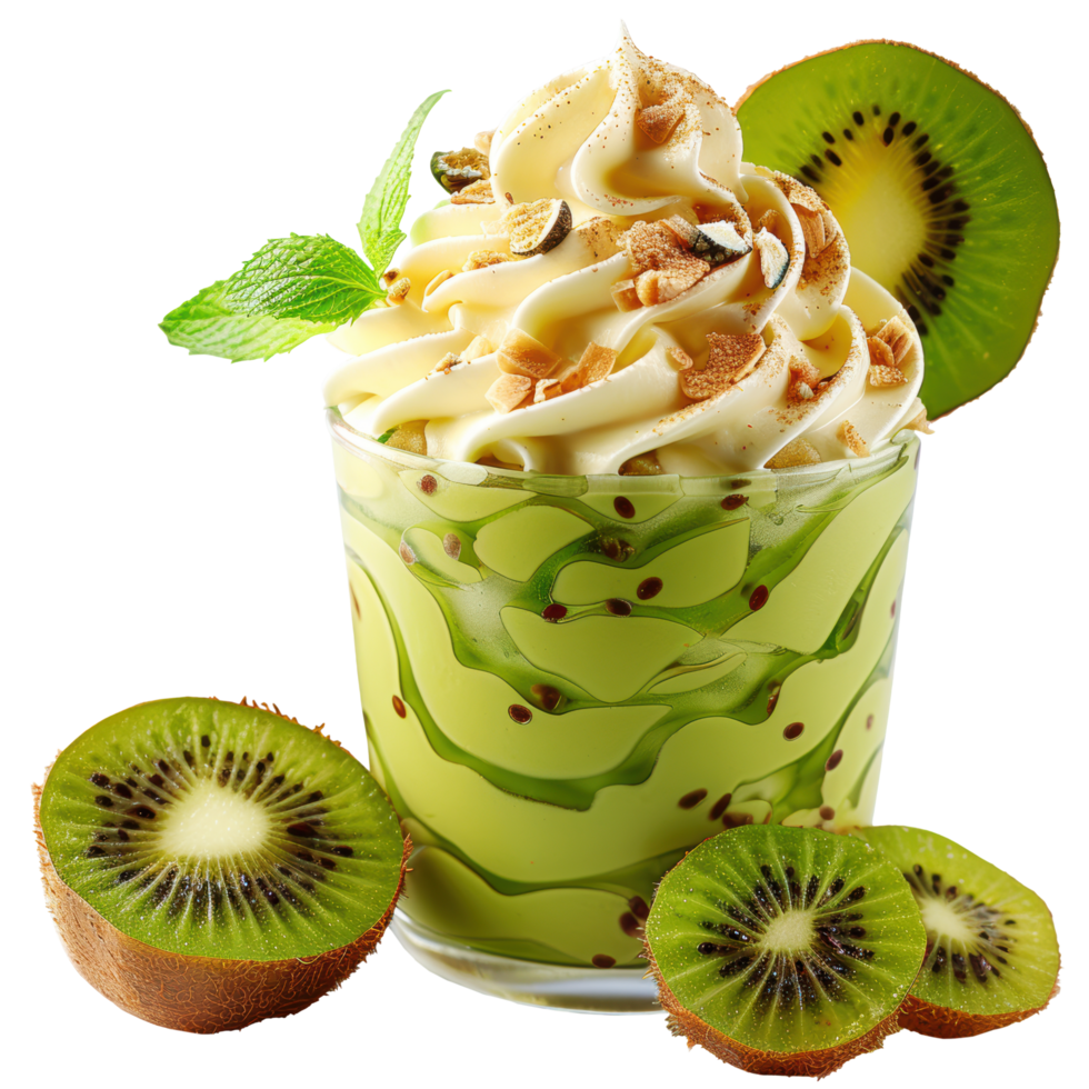 Kiwi trifle with whipped cream and vanilla ice cream with slices and currant topping in glass. Clip art and element png
