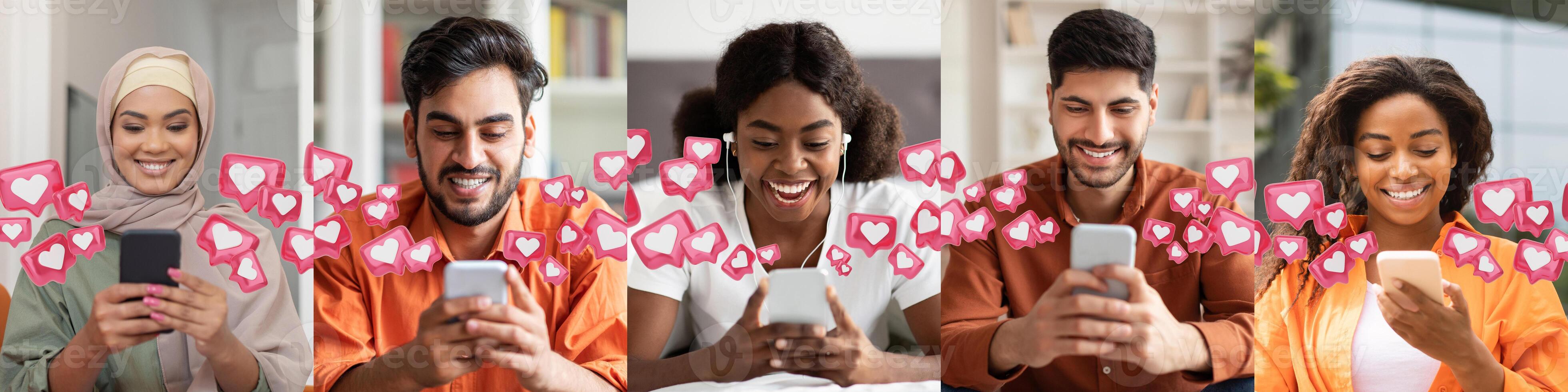 Five diverse individuals are smiling while using smartphones, surrounded by digital hearts representing likes or social media engagement. photo
