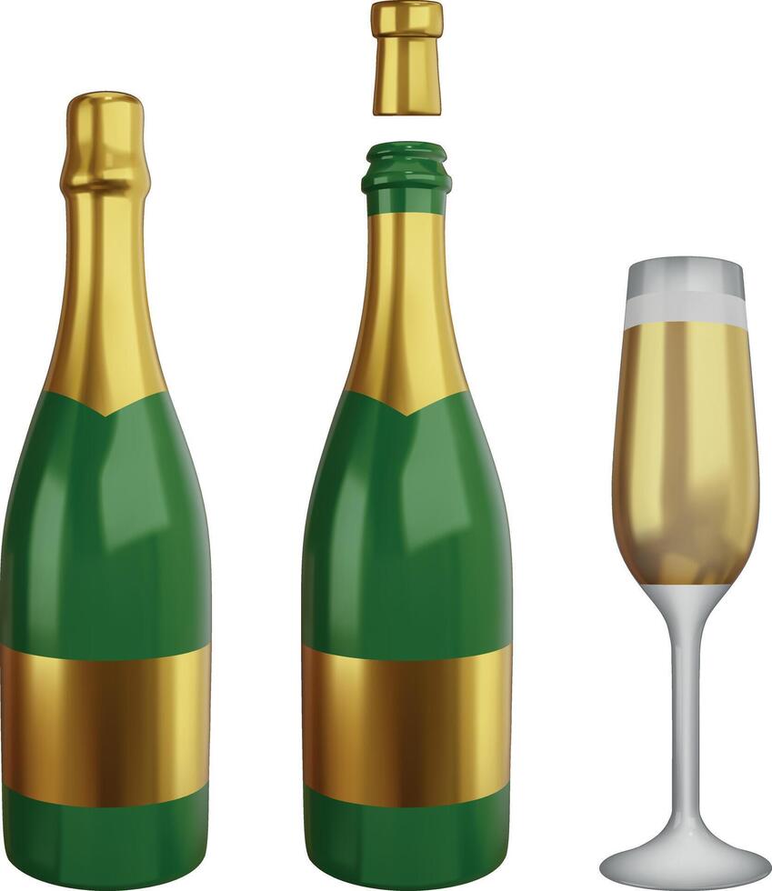 3d champagne bottle and glass vector