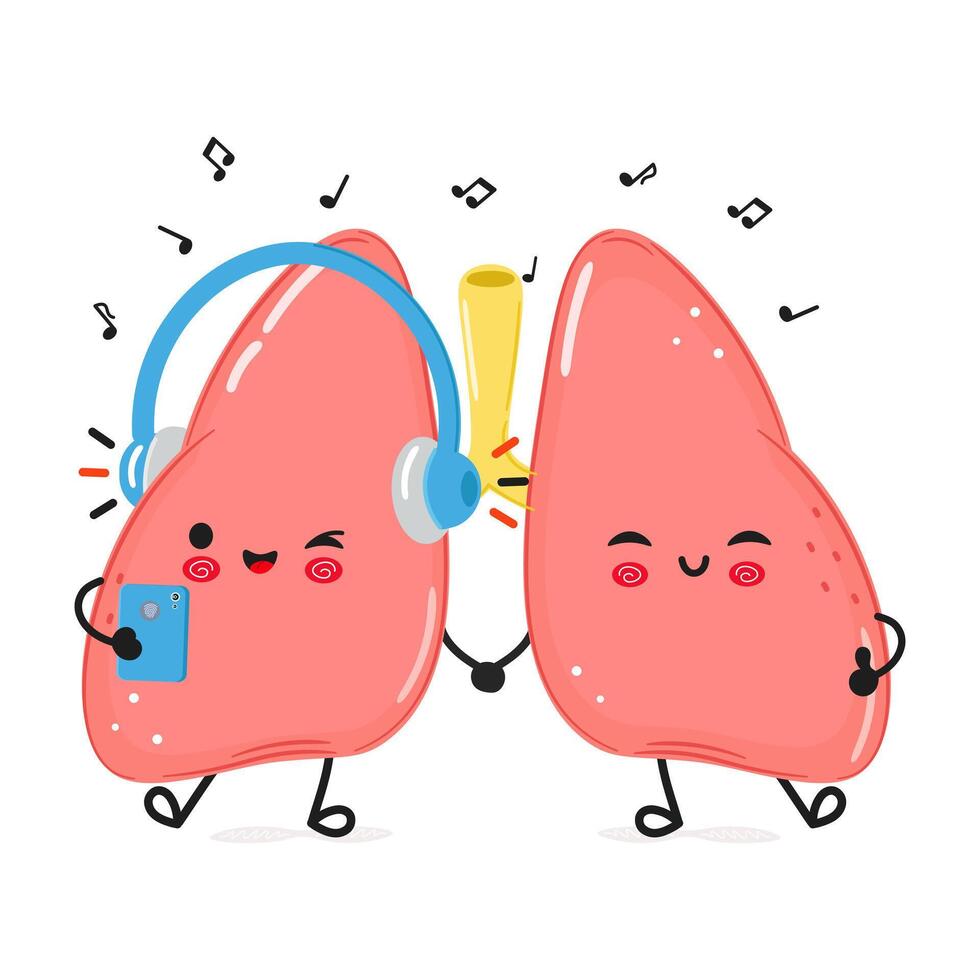 Lungs listens to music on headphones with a smartphone. hand drawn cartoon kawaii character illustration icon. Isolated on white background. Lungs character concept vector