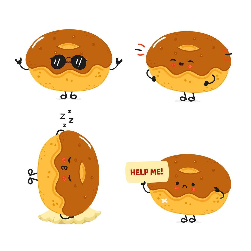 Funny Chocolate Doughnut characters bundle set. hand drawn doodle style cartoon character illustration icon design. Cute Doughnut mascot character collection vector