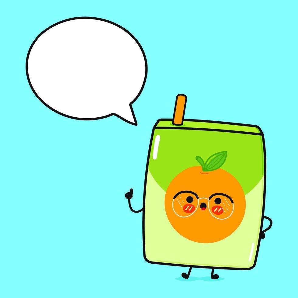 Juice with speech bubble. hand drawn cartoon kawaii character illustration icon. Isolated on blue background. Orange juice character concept vector