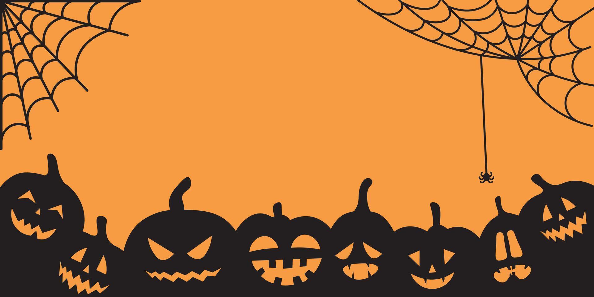 halloween banner with pumpkins and cobweb on orange background vector