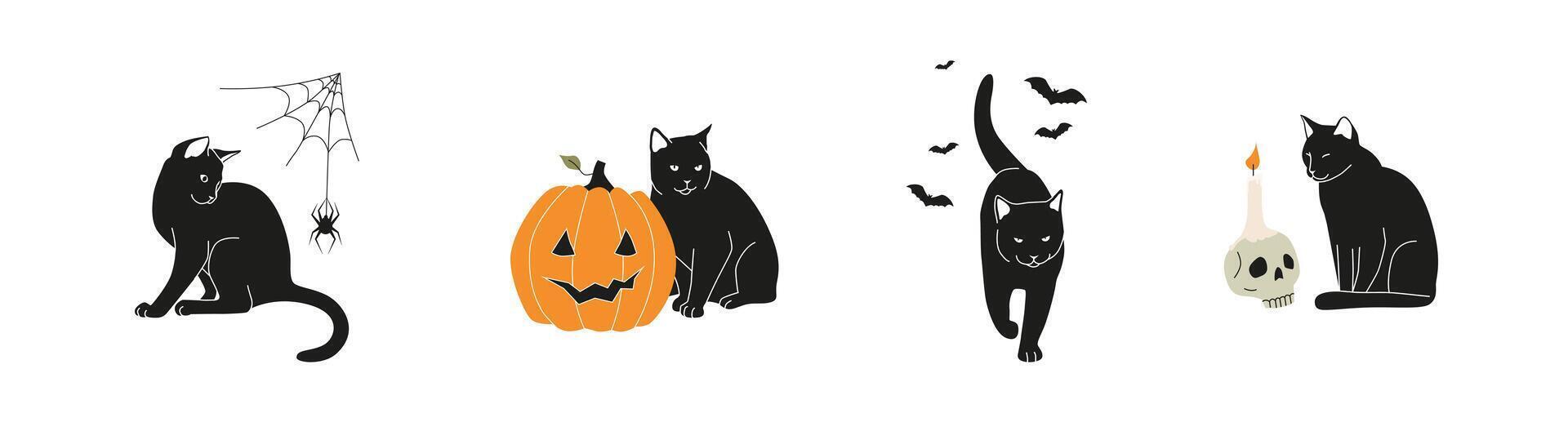 Set of black cat illustrations for Halloween celebration. Feline with carved pumpkin, spider web and other decorations on white background vector
