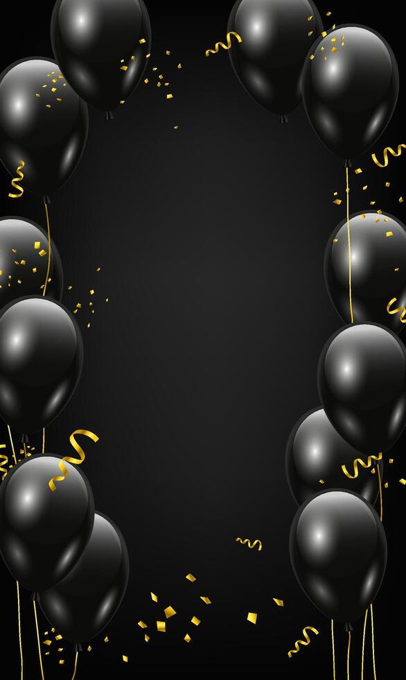 Black glossy balloons frame with golden confetti on black background. Realistic black balloons for design vector