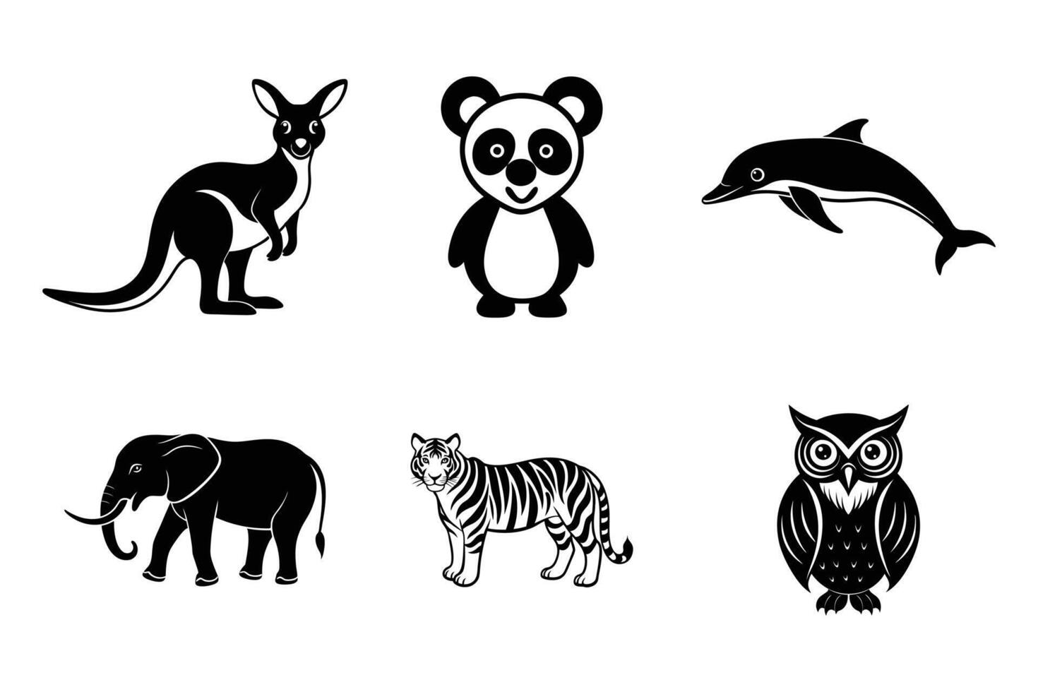 Six Distinct Animal Silhouettes Bundle Featuring Elephant Dolphin Tiger Owl Kangaroo and Panda Collection vector