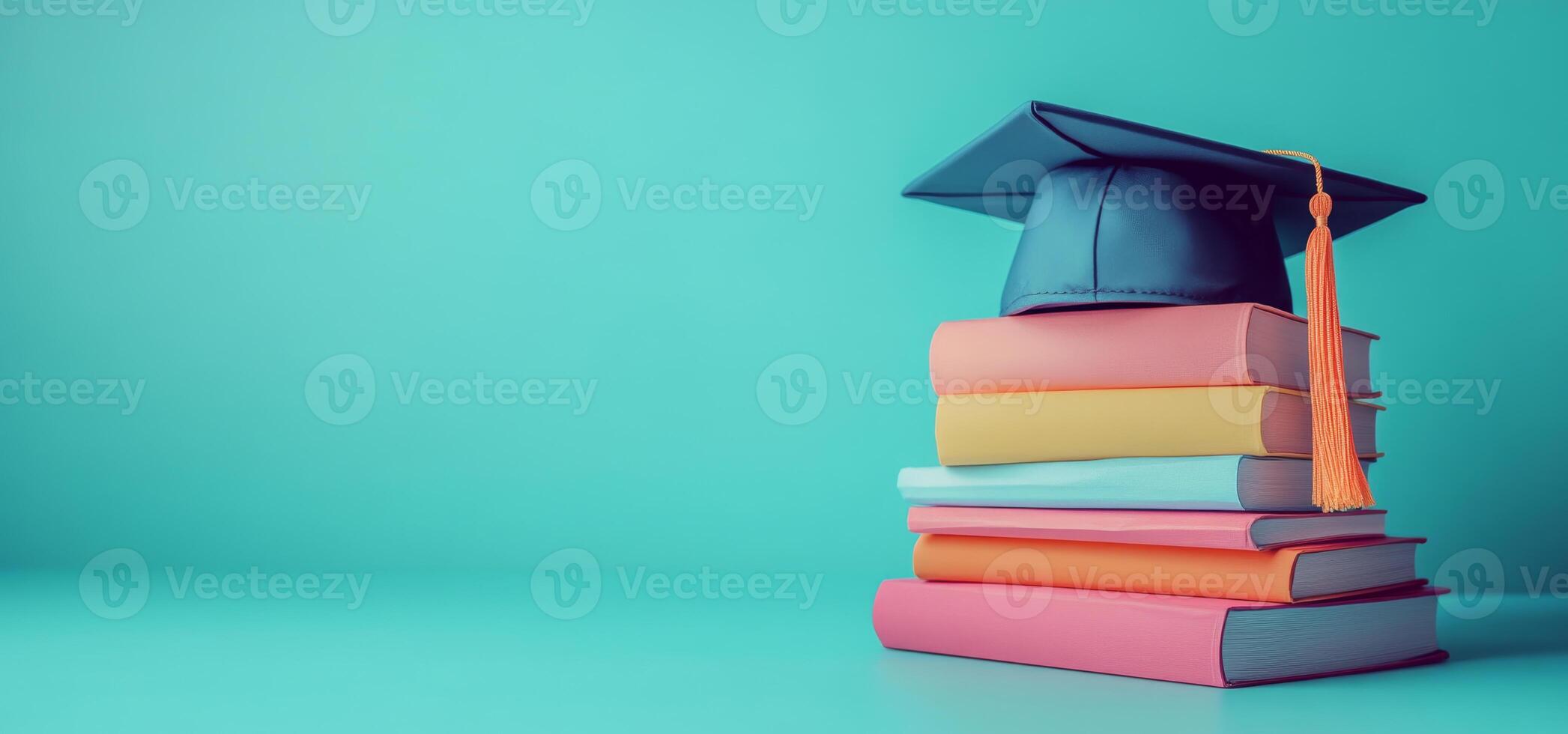 A graduation cap with a tassel sits on a pile of colorful stacked books, creating a vibrant educational theme on a teal backdrop. photo