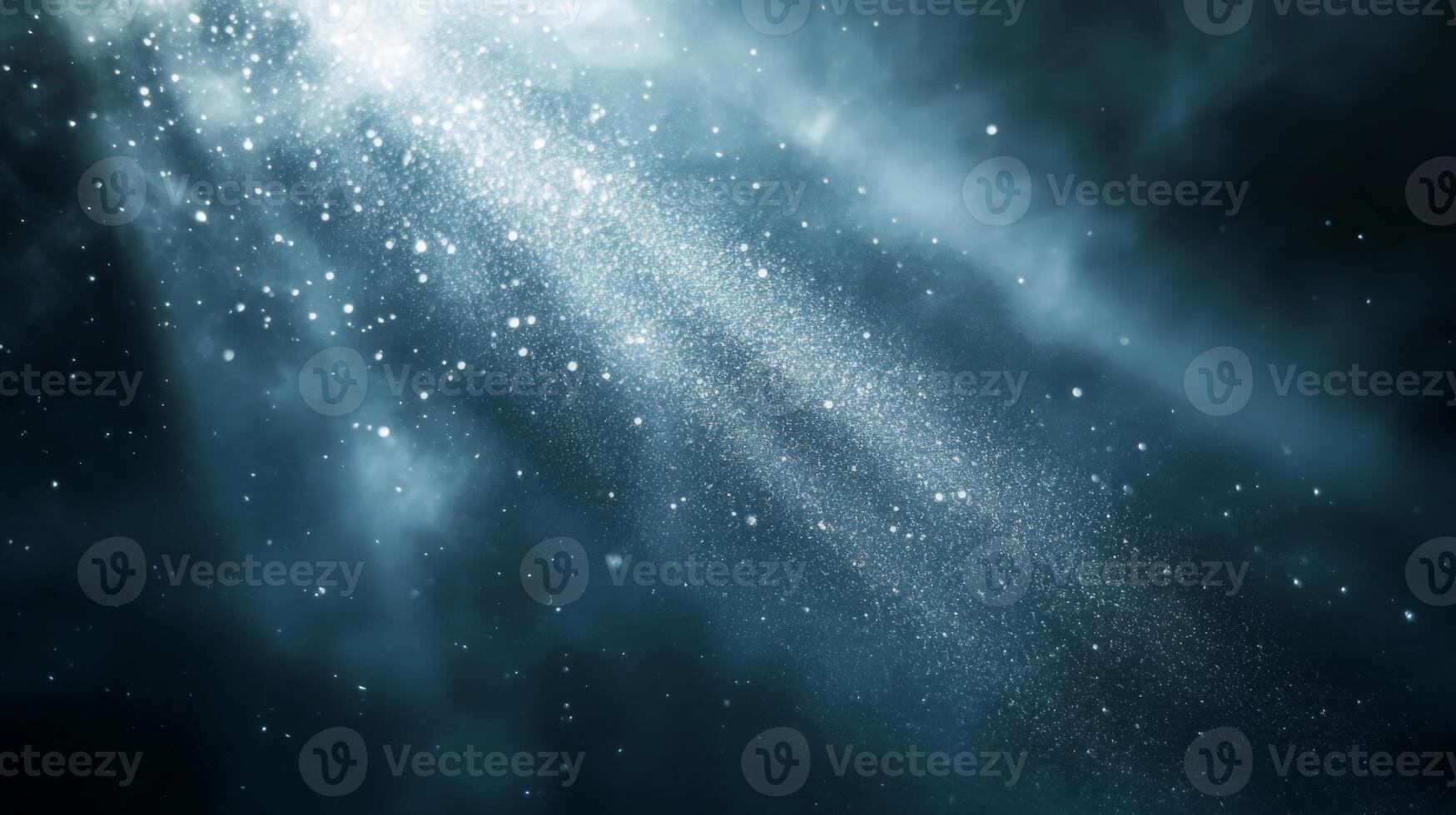 Soft beams of light emerge through a dark, misty background, creating an enchanting atmosphere filled with sparkling particles, evoking a sense of wonder and mystery in the ambient space. photo