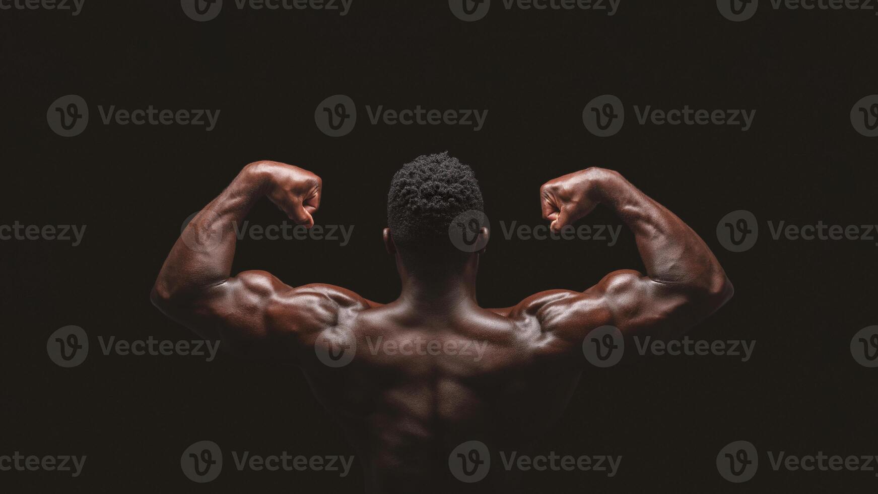 A muscular man flexes his biceps, showcasing his strength and physique. The image is taken from behind against a black backdrop. photo