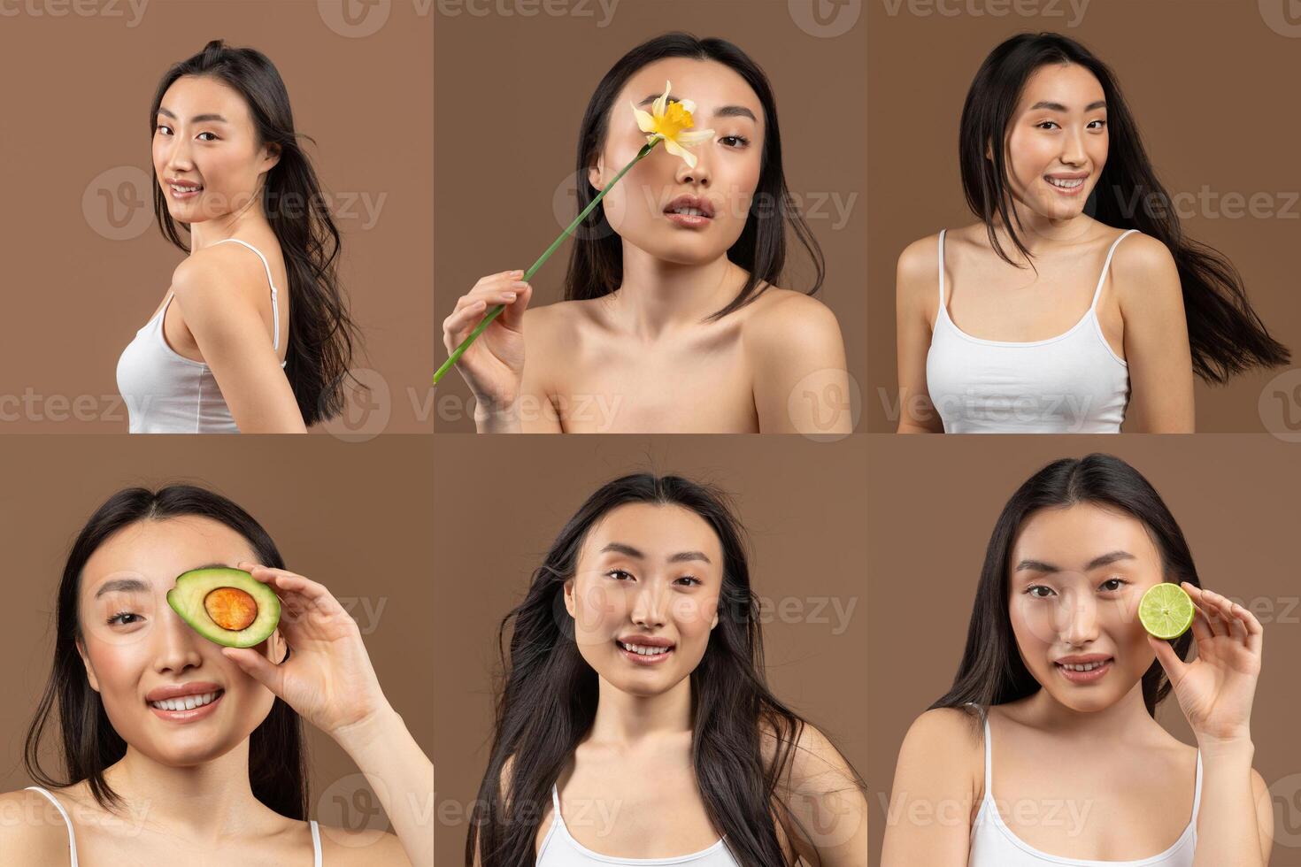 This image features a young Chinese woman with long black hair posing in a studio setting. She is shown in six different poses, each with a different fruit or flower. photo