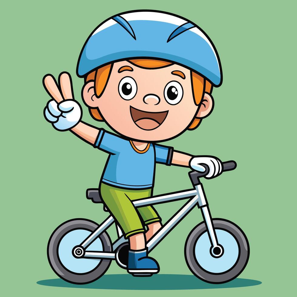 A little happy school boy cycling and showing victory cartoon art illustration vector
