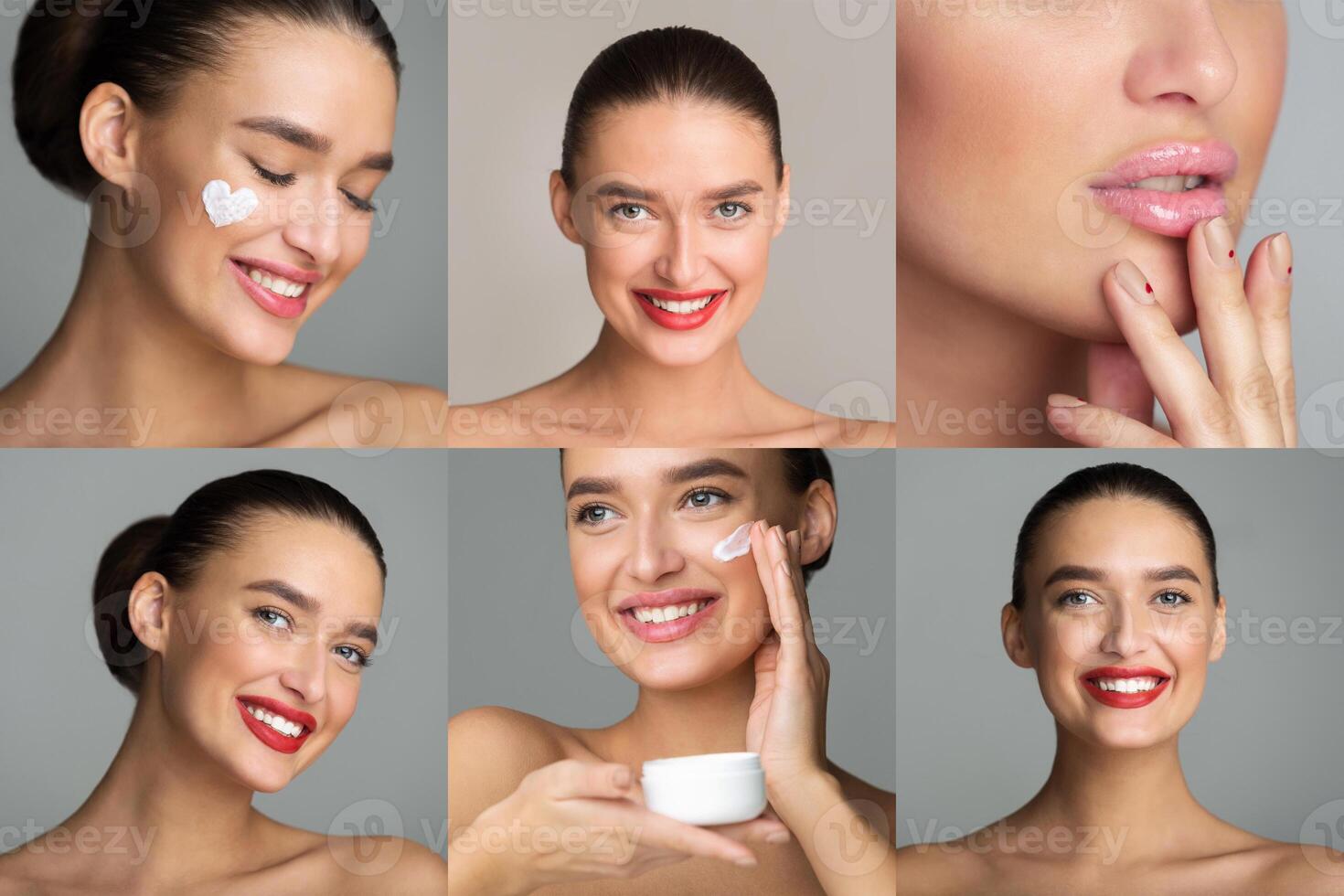 This image shows a young woman applying face cream and lip gloss as part of a beauty routine. She is smiling and appears happy with the results. The image is divided into six panels photo