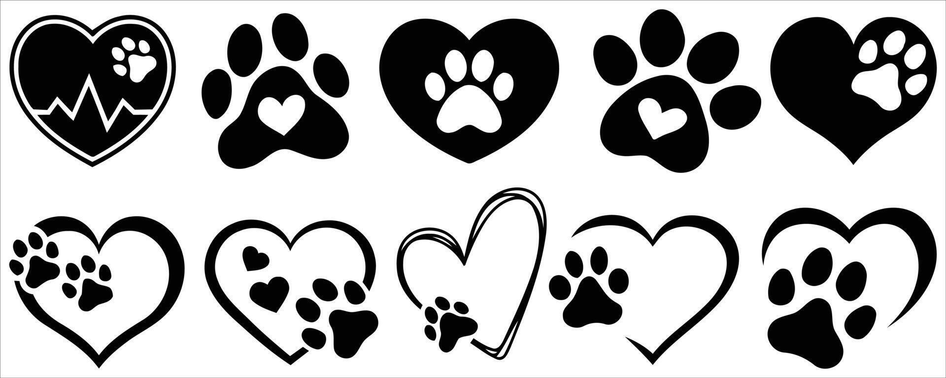 Set of dog's paws, hearts with dogs paws, hearts icon of dogs paws on a white background vector