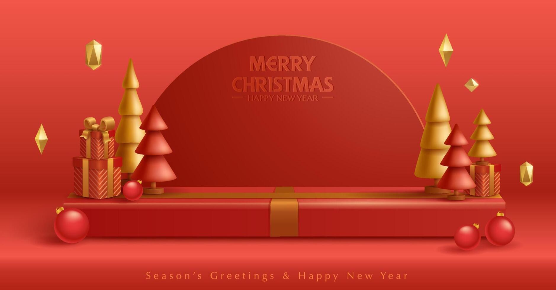 3D illustration of Christmas red and golden theme product display background with Christmas festive decoration and podium. vector