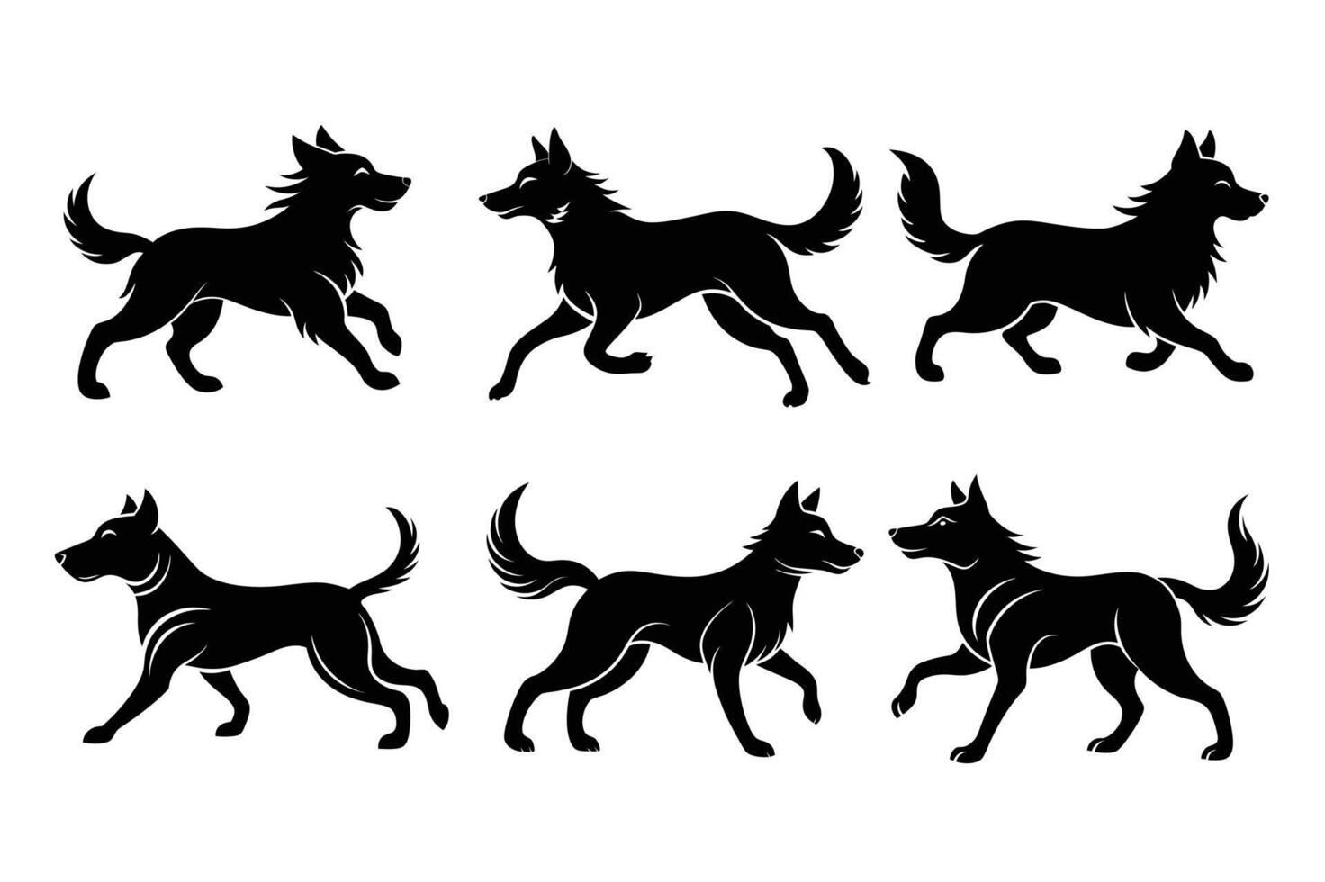 Black silhouettes of dogs running in different positions vector
