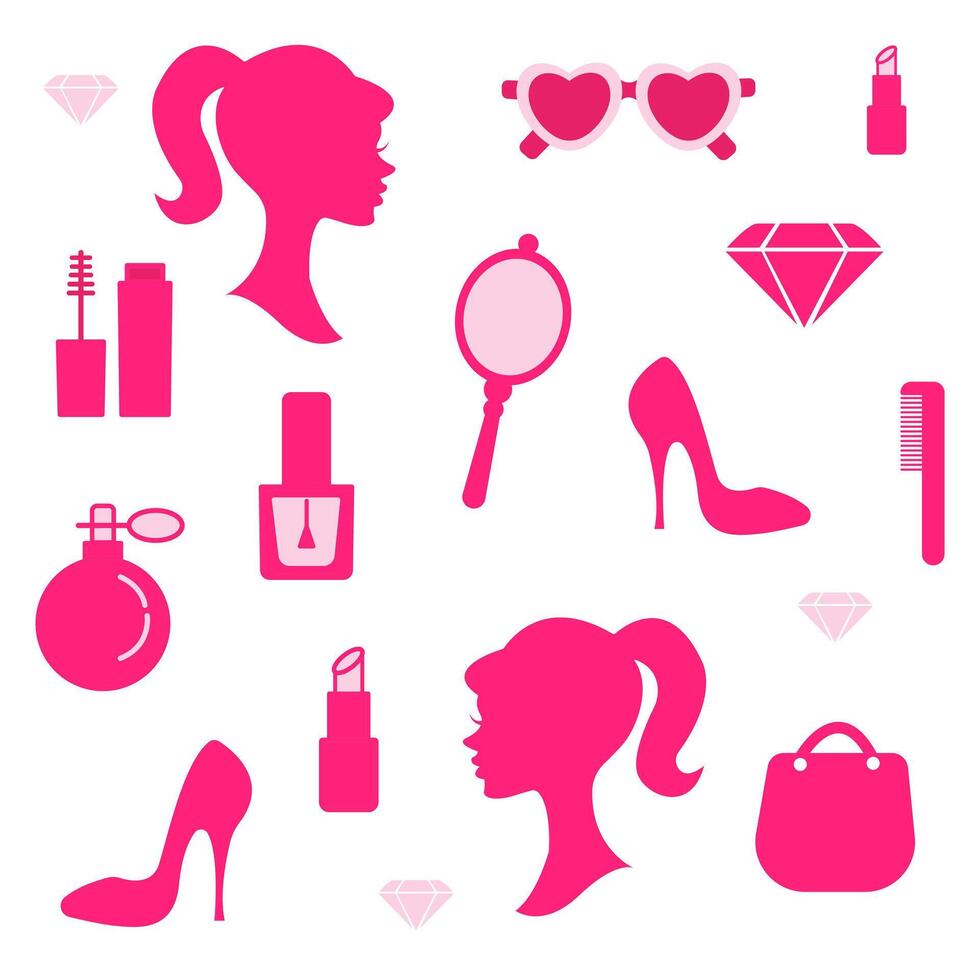 Pink trends set, pink aesthetics accessories for girls. graphics vector
