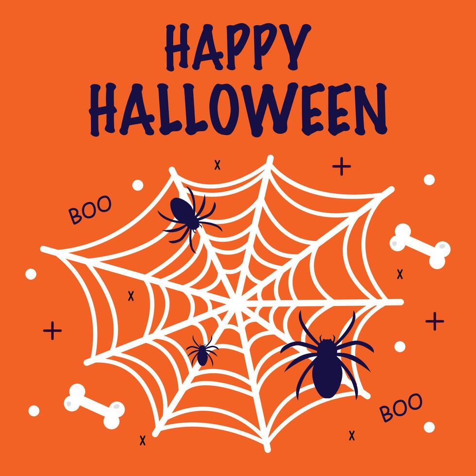 Halloween card with spiders, web and bones. Boo vector