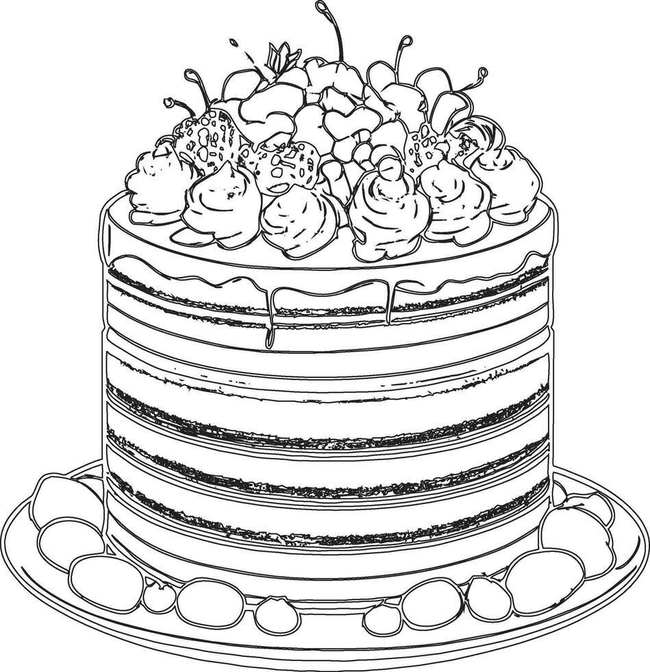 A coloring page with a cake on top vector